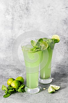 selective focus of Mint Mojito with grey background.