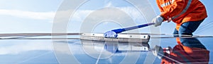 Selective focus mop of technician or worker operating use a mop cleaning solar panels at generating power of solar power plant;