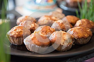 Selective focus of Muffins in a tray on the buffet table