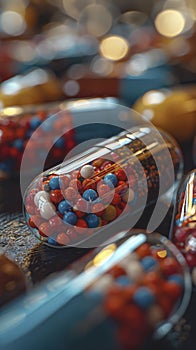 Selective focus on multicolored antibiotic capsule pills.