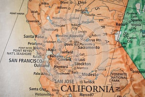 Selective Focus Of North California San Francisco On A Geographical And Political State Map Of The USA
