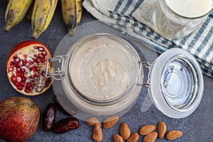 selective focus of oats smoothie with sabja seeds.