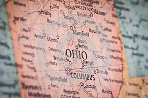 Selective Focus Of Ohio State On A Geographical And Political State Map Of The USA