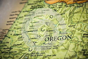 Selective Focus Of Oregon State On A Geographical And Political State Map Of The USA