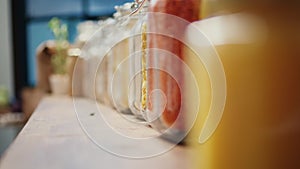 Selective focus of pasta and cereals in glass jars