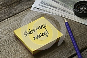 Selective focus of pencil,compass,dollar note and yellow sticky notes written with Make Money Online! on wooden background