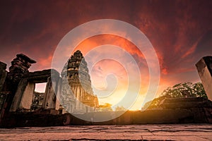 Selective focus on Phimai Historical Park with sunset sky. Landmark of Nakhon Ratchasima, Thailand. Travel destinations. Historic