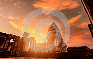 Selective focus on Phimai Historical Park with sunset sky. Landmark of Nakhon Ratchasima, Thailand. Travel destinations. Historic