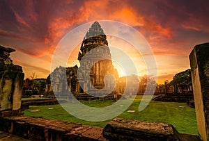 Selective focus on Phimai Historical Park with sunset sky. Landmark of Nakhon Ratchasima, Thailand. Travel destinations. Historic