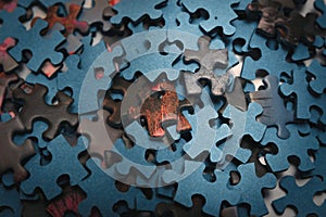 Selective focus of pieces puzzle jigsaw, puzzle background.