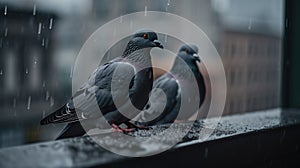 selective focus of pigeons on a ledge of a building in a city on a rainy day with blurred background - pigeon plague in our cities