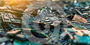 Selective focus on a pile of printed circuit boards in a scrap yard for electronic waste recycling