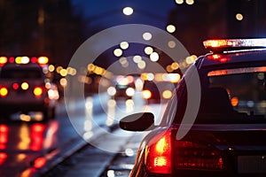 Selective focus on police car lights in a city at night with bokeh effect