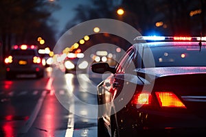 Selective focus on police car lights in a city at night with bokeh effect