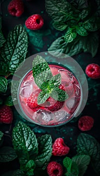 Selective focus raspberry smoothie detox diet for vegetarians, healthy eating concept photo