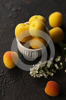 selective focus: ripe fresh apricots in a clay bowl