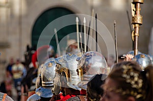 Selective focus, roman soldiers in a historical reenactment. People performing a Roman legion. Spain