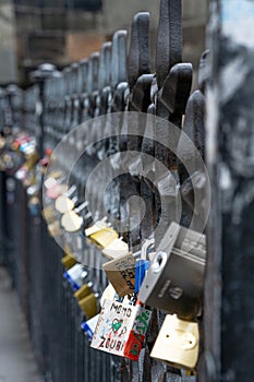 Selective Focus Of Romantic Padlocks On Charles Bridge, Prague