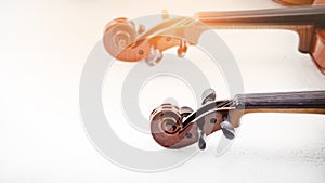 In selective focus of Scroll and Pegbox of violin