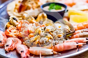 Selective focus, seafood platter from a local restaurant in Southwold