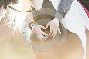 Selective focus shot of female equestrian making a heart with her hands on horse neck