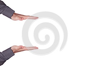 Selective focus shot of human hands holding nothing in a white background