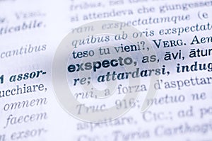 Selective focus shot of Latin exspecto word in a dictionary - translation: expect