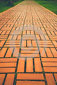 Selective focus shot of many bricks walkway