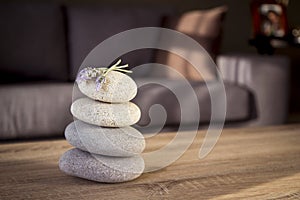 Selective focus shot of a pile of rocks on the table with a couch on the background