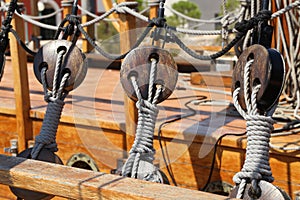 Selective focus shot of ropes for securing the sails of a sailboat