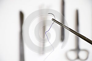 Selective focus shot of a surgical suture