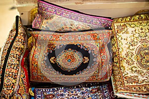 Selective focus shot of Turkish embroidery on the purses