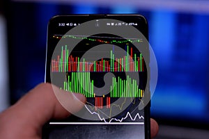 Selective focus shot of vibrant neon green and red diagrams on a phone - stock market concept
