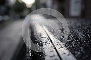 Selective focus shot of water drops on the roof of a black car