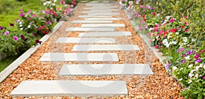 Selective focus shot of white stone path with yellow and brown gravel in colorful flower garden and green grass shows beautiful