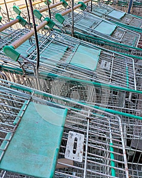 Selective focus. Some shopping carts are arranged outside the supermarket area.Shot were noise and artifacts.