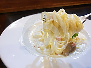 Selective focus of spaghetti carbonara with cream sauce on white plate