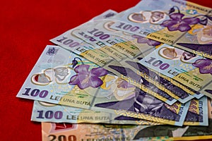 Selective focus on stack of LEI romanian money. Lei banknotes isolated