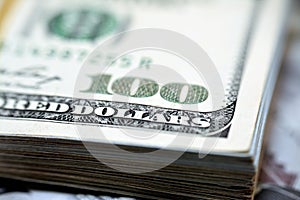 Selective focus of stacks of American money banknote background, A close up of 100 $ One hundred American dollars bill