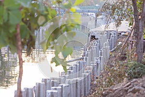 Selective focus to cement or concrete pillar, pole on along the canal site