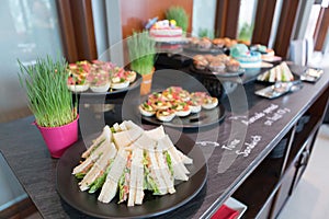 Selective focus of Tuna Sandwich and Other Desserts in a tray on the buffet table