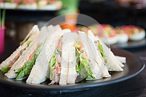 Selective focus of Tuna Sandwich in a tray on the buffet table