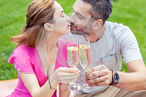 Selective focus of two glasses with champagne