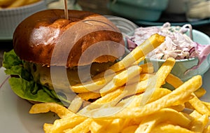 Selective focus view of a delcious homemade cheeseburger with French fries and cole slaw