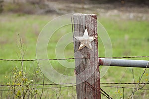 Selective focus view of grungy star on old fence post in Texas