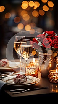 Selective focus on a vintage romantic dinner setup with red decor and candlelight photo