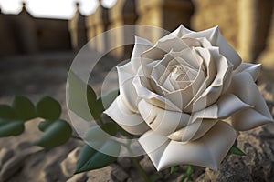 Selective focus white 3D rose on a blurry background of an ancient castle