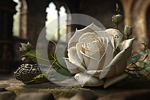 Selective focus white 3D rose on a blurry background of an ancient castle