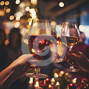 Selective focus at wine glass in hands, cheer and toast.