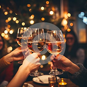 Selective focus at wine glass in hands, cheer and toast.